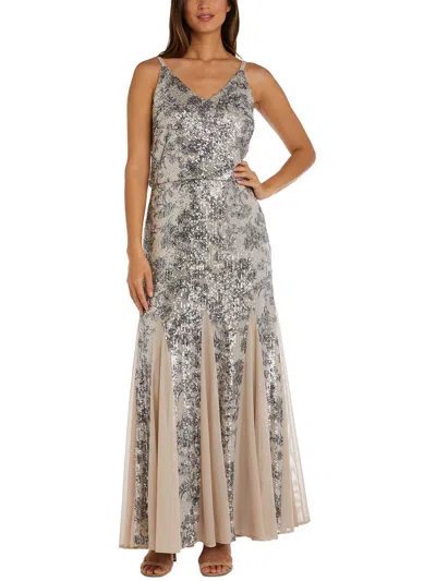 R & M Richards Womens Sequined Mesh Evening Dress In Beige