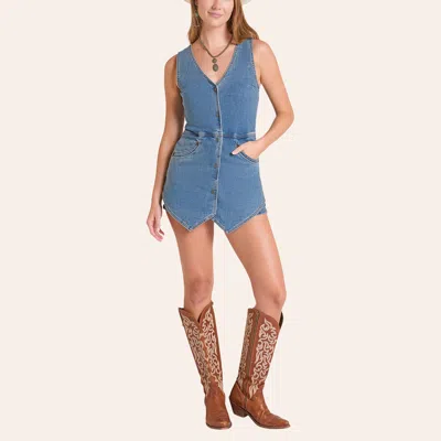 R&r Cowgirl Rock & Roll Denim Women's Medium Wash Sleeveless Vest Denim Romper In Blue
