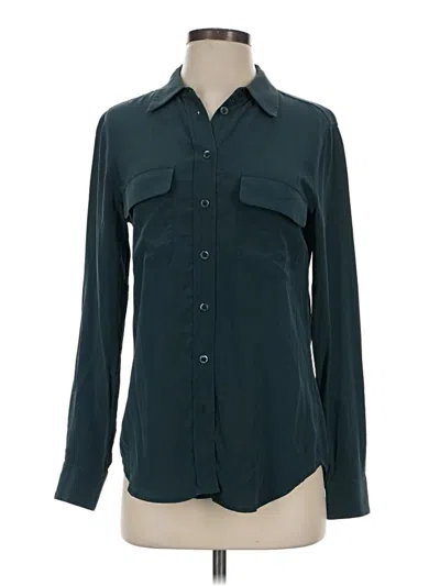 Pre-owned R | Label Long Sleeve Silk Top Teal Collared Neckline Tops