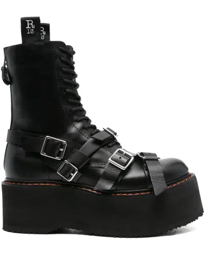 R13 55mm Lace-up Buckled Combat Boots In Black