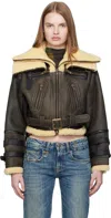 R13 Black Cropped Shearling Bomber Jacket In Brown