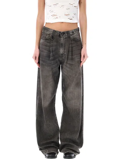 R13 BLACK DAMON PLEATED WIDE JEANS