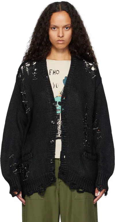 R13 Black Distressed Boyfriend Cardigan In Y170a Coated Black