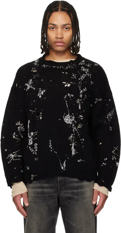 R13 Black Distressed Oversized Crystals & Pins Sweater