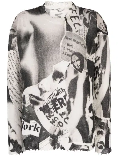 R13 Black Newspaper-intarsia Cashmere Sweater In White