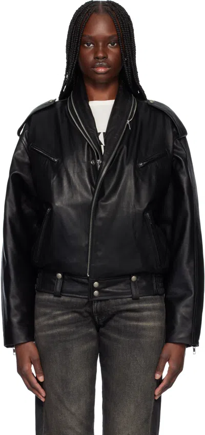 R13 Black Zip Collar Motorcycle Leather Jacket