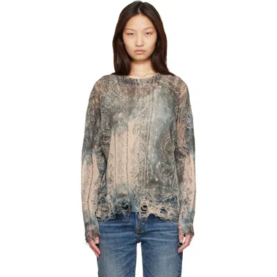 R13 Boyfriend Distressed Printed Linen Knit Sweater In Blue