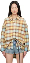 R13 Shredded Seam Drop Neck Plaid Flannel Button-up Shirt In Light Blue/yellow Pl