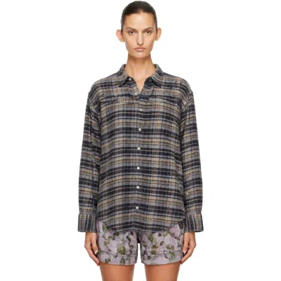 R13 Blue Cinched Off Shoulder Shirt In Blue Plaid