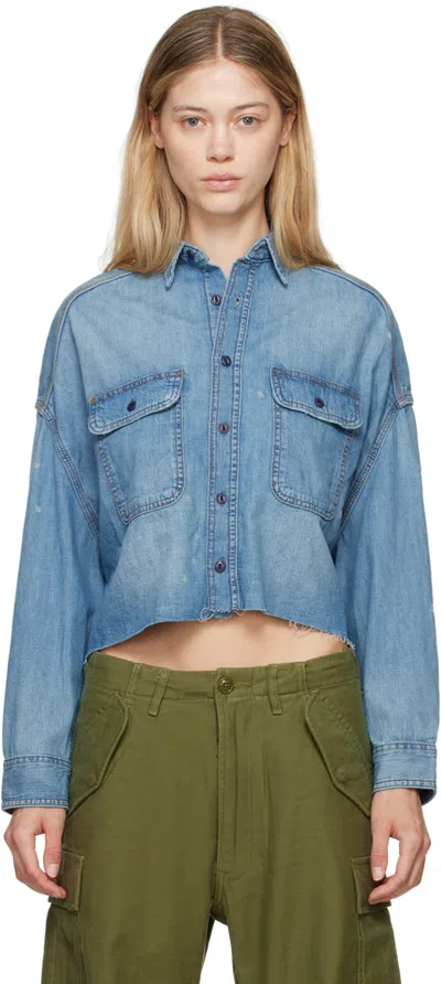 R13 Cropped Oversized Denim Shirt With Elongated Back In Blue