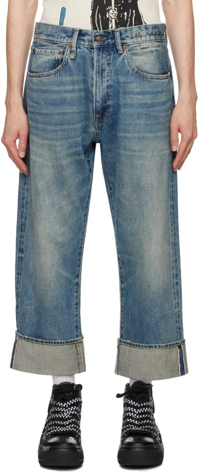 R13 Blue Cuffed X-boyfriend Jeans In Aspen Selvedge Blue