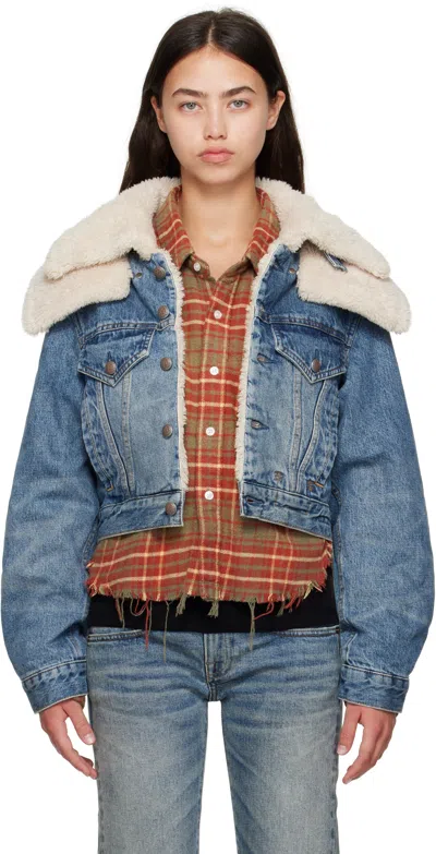 R13 Blue Double Collar Sherpa Denim Trucker Jacket
