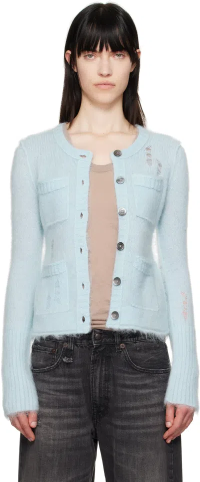 R13 Blue Elongated Shrunken Crewneck Cardigan In Light Blue
