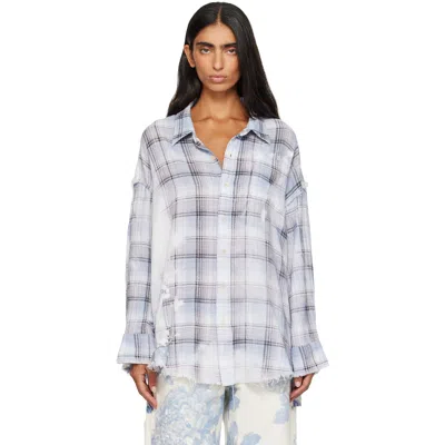 R13 Blue Shredded Seam Drop Neck Shirt In Blue Bleached Plaid
