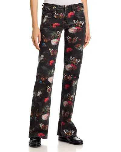 R13 Boy Low Rise Flare Jeans In Pink Stretch Floral Butterfly In Black