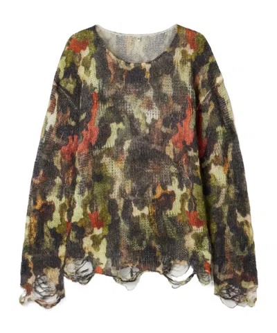 R13 Boyfriend Distressed Camouflage-print Open-knit Sweater In Multi