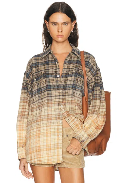 R13 Boyfriend Shirt In Dip Bleach Light Blue & Yellow Plaid