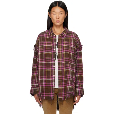 R13 Brown & Pink Shredded Seam Drop Neck Shirt In Brown Pink Plaid