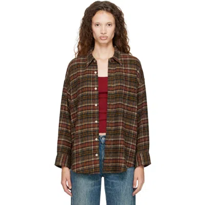 R13 Brown Drop Neck Shirt In Rust Brown Plaid