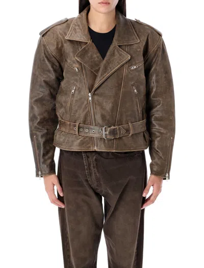 R13 BROWN EXAGGERATED SHOULDER MOTORCYCLE JACKET