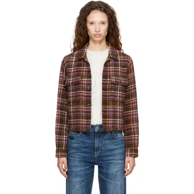 R13 Brown Padded Cropped Jacket In Brown Pink Plaid