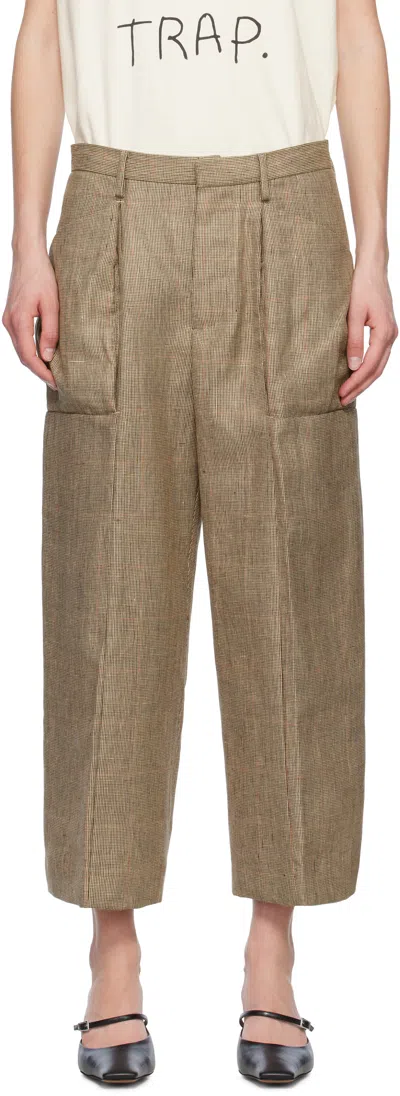 R13 Brown Pleated Pocket Trousers In Brown Windowpane Pla