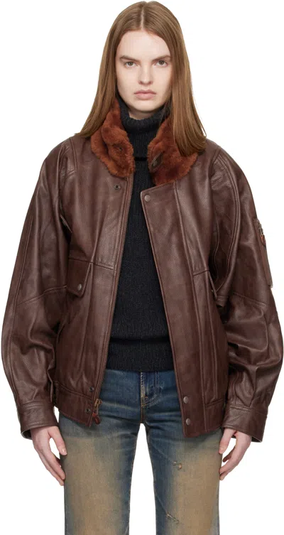 R13 BROWN SHEARLING COLLAR FLIGHT LEATHER JACKET