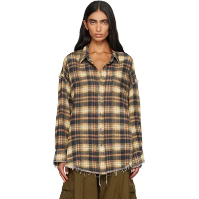 R13 Brown Shredded Seam Drop Neck Shirt In Brown Plaid