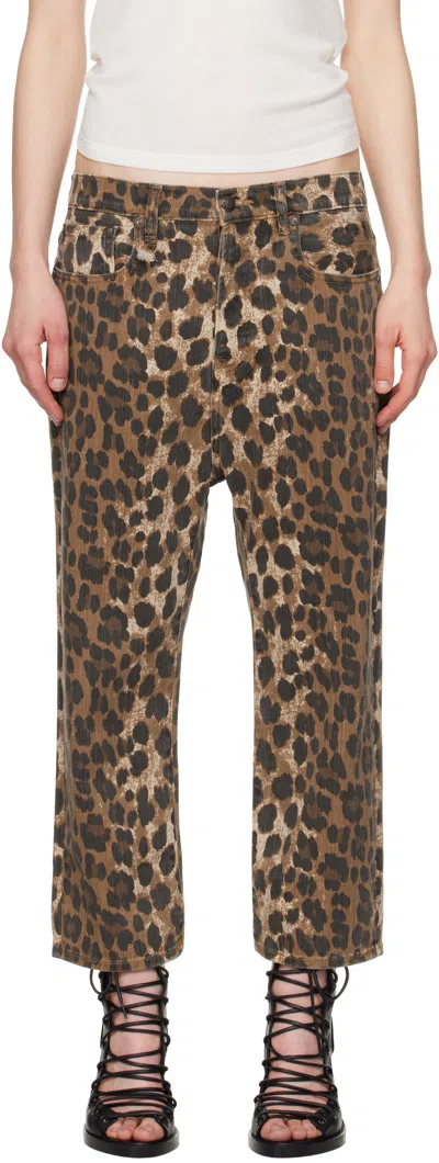 R13 Brown Tailored Drop Jeans In Stone Washed Leopard