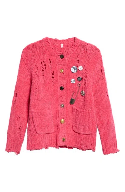 R13 Button Detail Ripped Cotton Cardigan In Pink