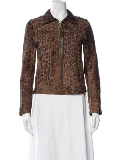 Pre-owned R13 Calf Leather Animal Print Biker Jacket In Brown