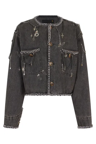 R13 Chain-embellished Denim Jacket In Gray