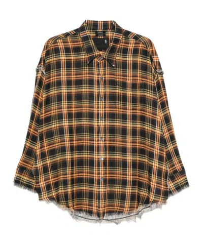 R13 Check-pattern Frayed-seam Shirt In Brown