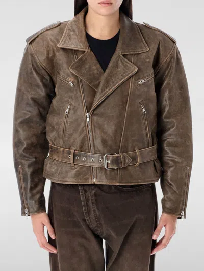 R13 Brown Exaggerated Shoulder Motorcycle Leather Jacket In Braun