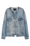R13 Collarless Zip Up Trucker Jacket In Caxton Blue