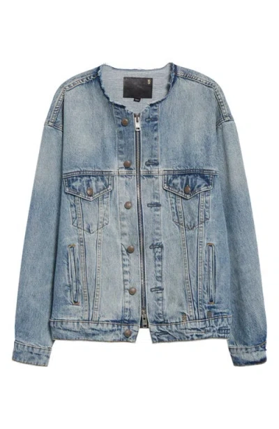 R13 Collarless Zip Up Trucker Jacket In Blue