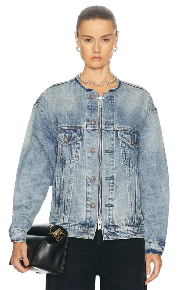 R13 Collarless Zip Front Denim Trucker Jacket In Blue