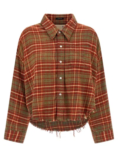 R13 Cropped Check Print Cotton Shirt With Fringed Asymmetric Hem In Brown