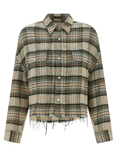 R13 Cropped Check Print Shirt With Fringed Asymmetric Hem In Multi