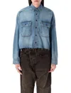 R13 Cropped Denim Shirt With Distressed Finish In Brindely Blue