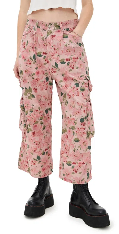 R13 Cropped Multi Pocket Cargo Pants Pink Layered Floral In Multicolour