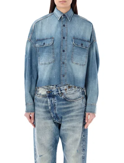 R13 Cropped Oversized Denim Shirt With Elongated Back In Blue