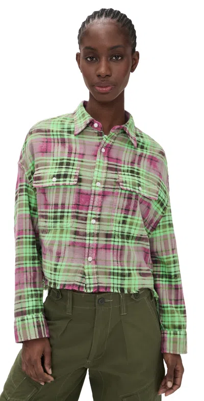R13 Cropped Work Shirt Pink Overdyed Green Plaid