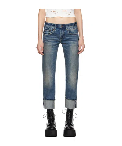 R13 Blue Cuffed Boy Straight Jeans In Capel Selvedge Blue