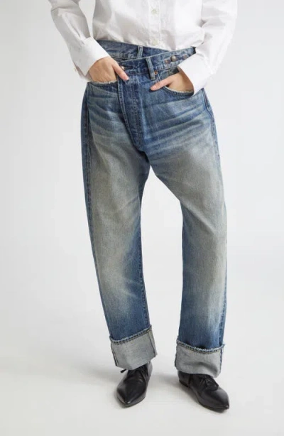 R13 Cuffed Crossover Straight Leg Jeans In Blue