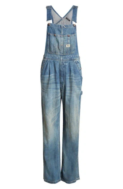 R13 Damon Pleated Wide Leg Denim Dungarees In Weber Linen Indigo