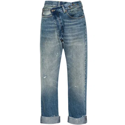 R13 Crossover Asymmetric Distressed High-rise Wide-leg Jeans In Blue