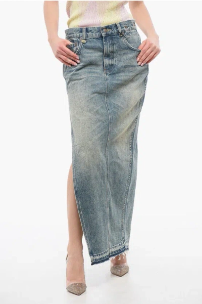R13 Denim Skirt With Side Slit In Blue