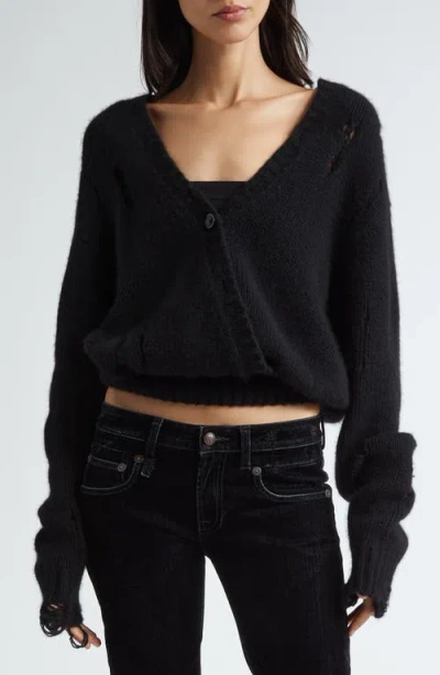 R13 Distressed Crossover Cashmere Cardigan In Black