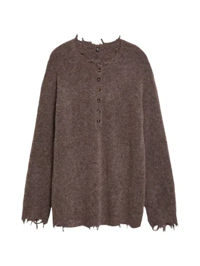 R13 Distressed Henley Sweater In Brown
